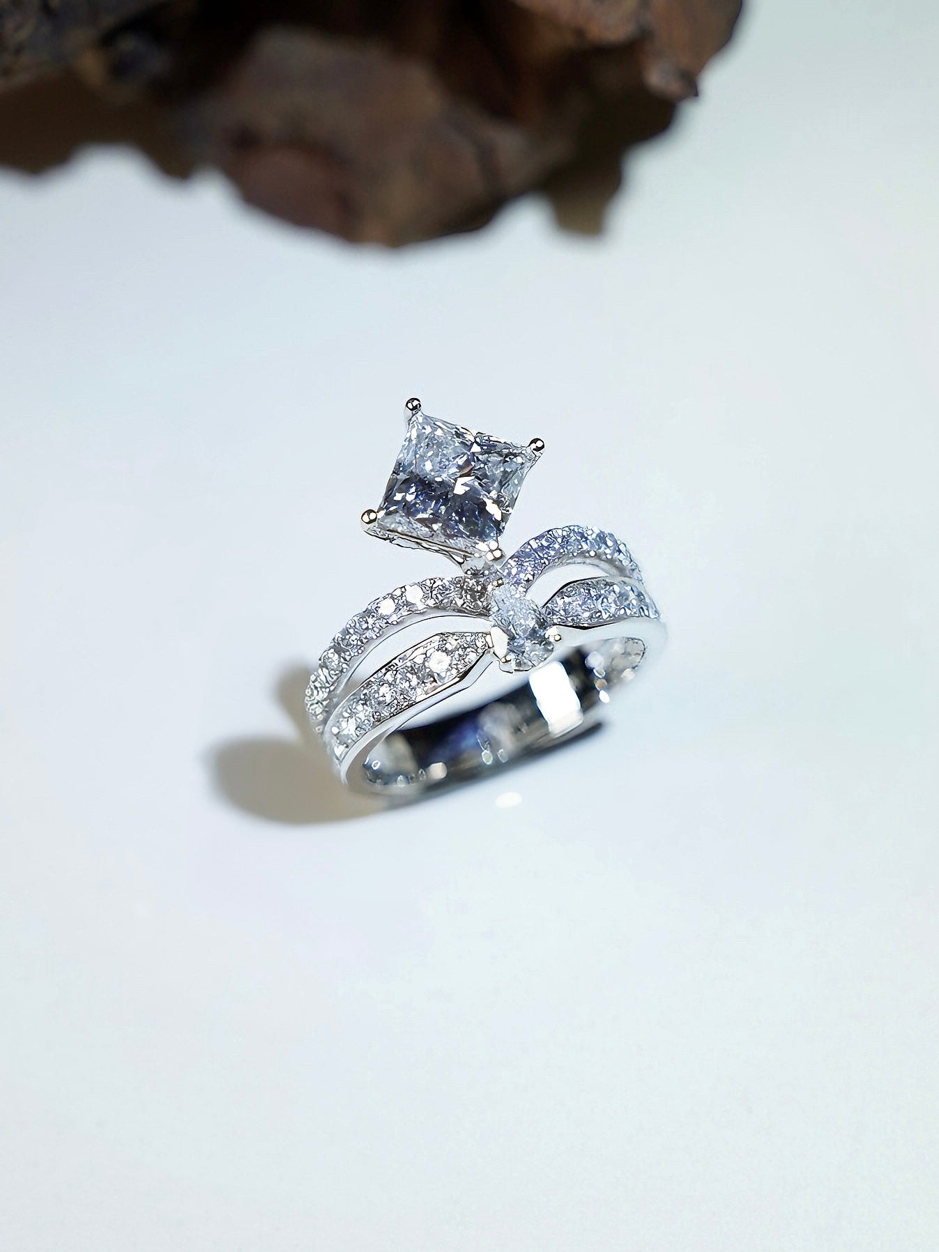 18K Gold Lab Grown Diamond Ring - Princess Cut Center Stone with Double Pavé Band Elegant Glam Engagement Ring