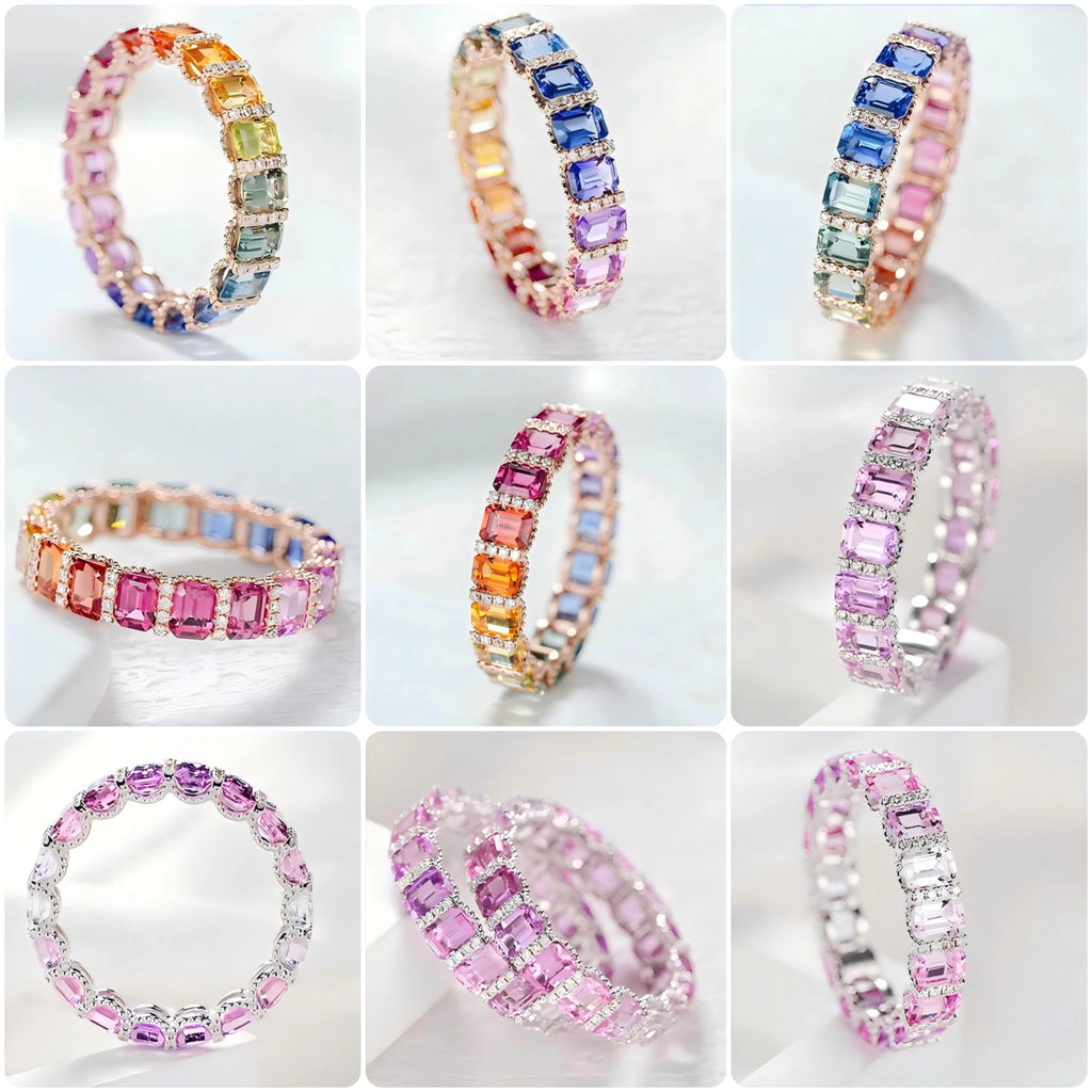 Rainbow Sapphire Eternity Ring | Rose Gold Cushion-Cut Gemstone Band