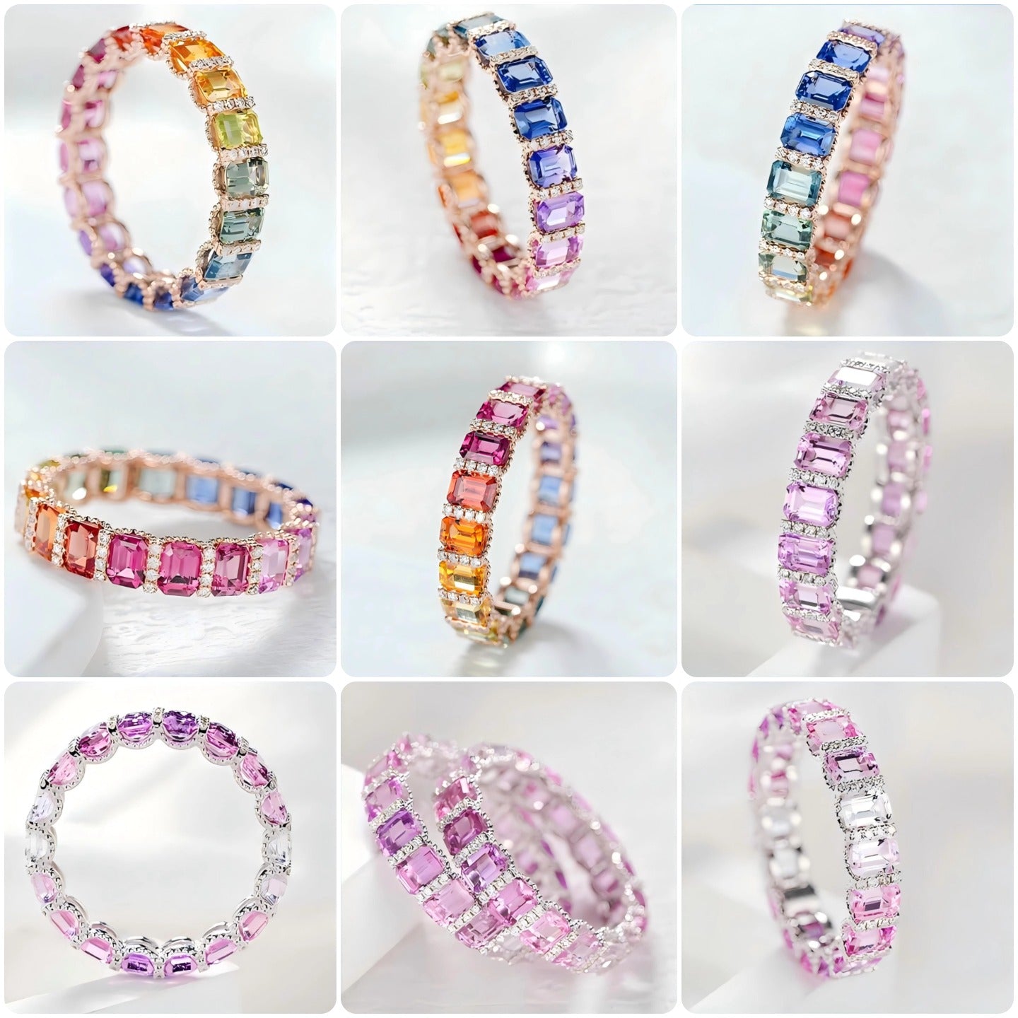 Rainbow Sapphire Eternity Ring | Rose Gold Cushion-Cut Gemstone Band