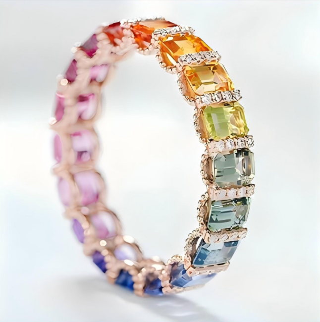Rainbow Sapphire Eternity Ring | Rose Gold Cushion-Cut Gemstone Band