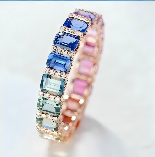Rainbow Sapphire Eternity Ring | Rose Gold Cushion-Cut Gemstone Band