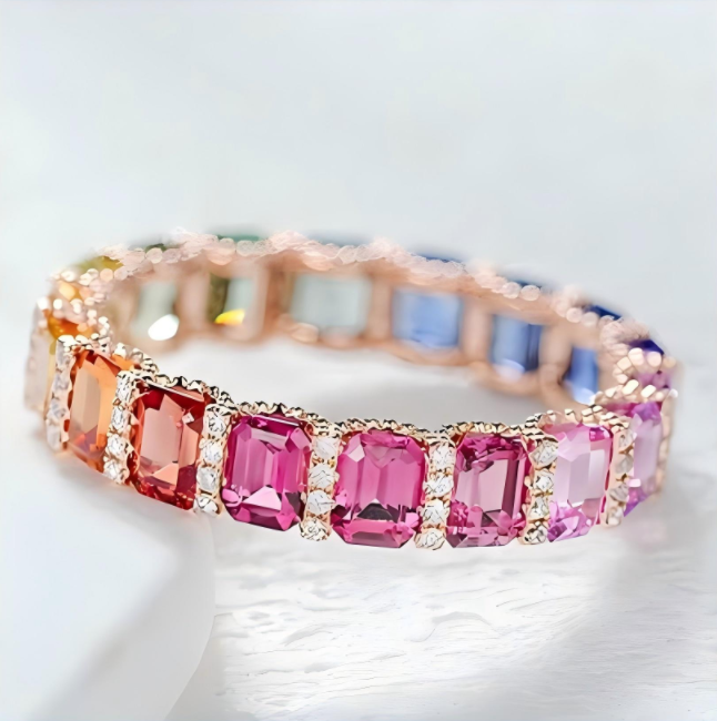 Rainbow Sapphire Eternity Ring | Rose Gold Cushion-Cut Gemstone Band