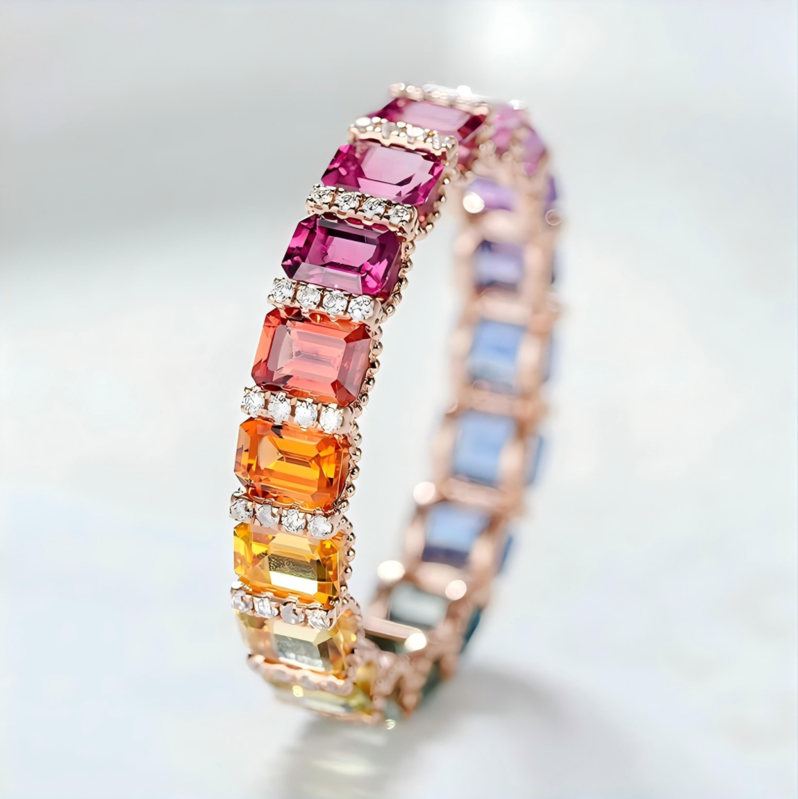 Rainbow Sapphire Eternity Ring | Rose Gold Cushion-Cut Gemstone Band