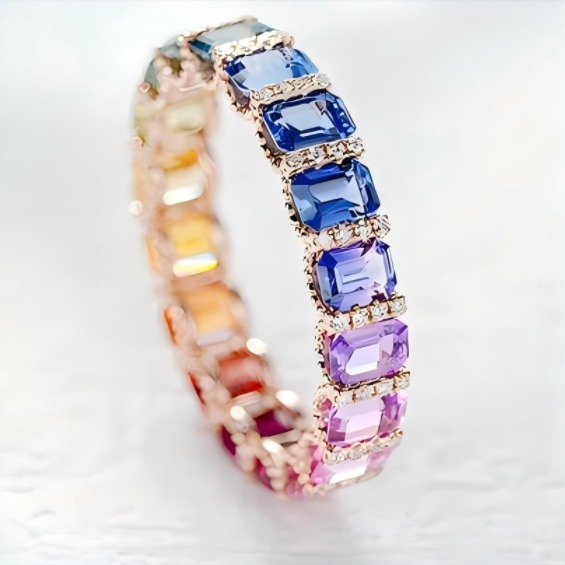 Rainbow Sapphire Eternity Ring | Rose Gold Cushion-Cut Gemstone Band